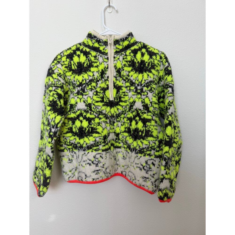 Anthropologie Cristina Fuzzy Fleece Quarter Zip Pullover Green‎ White XS